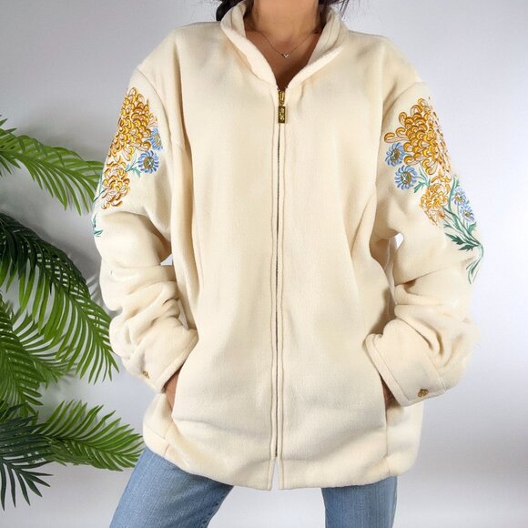 Bob Mackie Jackets & Blazers - Vintage 80s Bob Mackie Cream Floral Embroidered Cottagecore Fleece Jacket / 2X